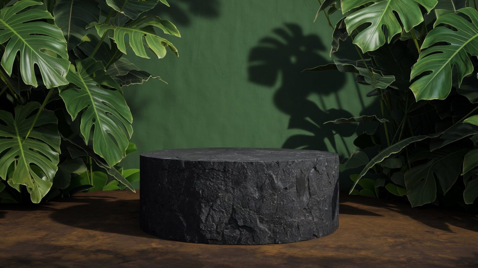 luxury-natural-stone-podium-with-leaves-rock-pedestal-for-product-display-stand-display-podium-green-forest-background-rock-stage-cosmetic-showcase-empty-podium-tropical-podium-display-mockup