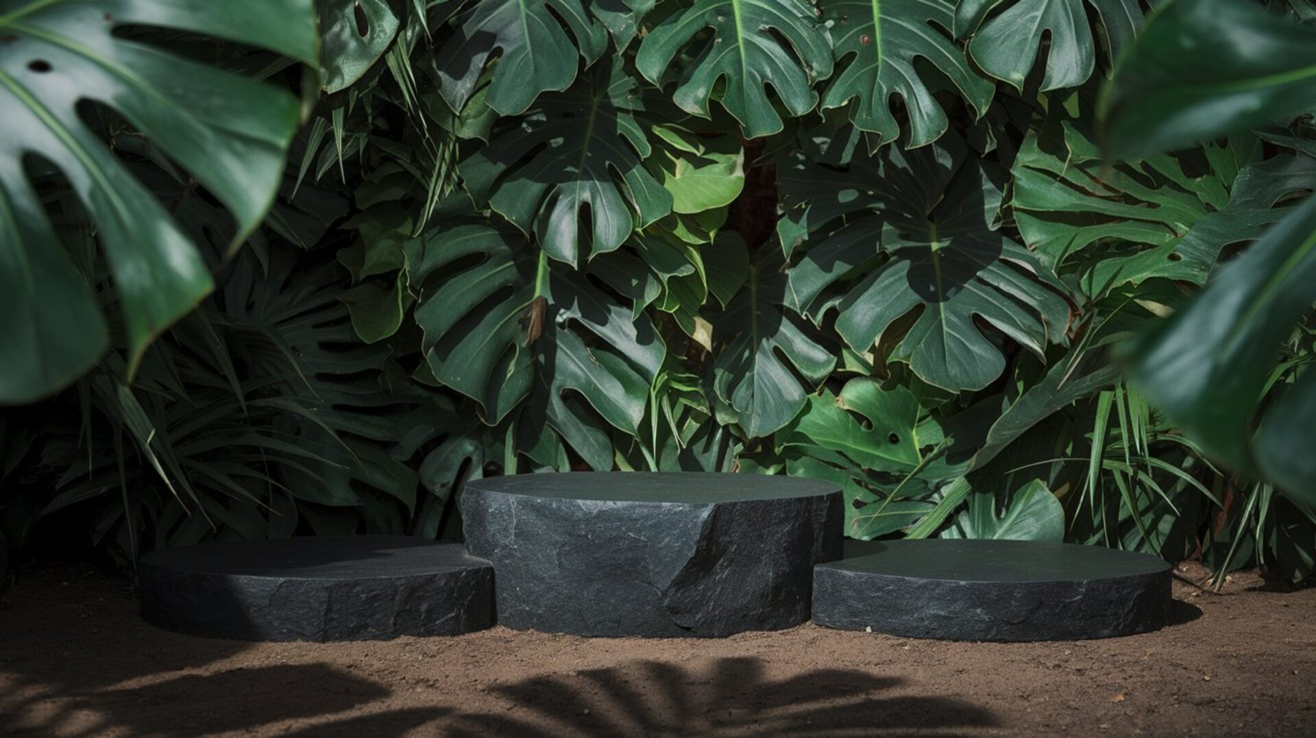 luxury-natural-stone-podium-with-leaves-rock-pedestal-for-product-display-stand-display-podium-green-forest-background-rock-stage-cosmetic-showcase-empty-podium-tropical-podium-display-mockup