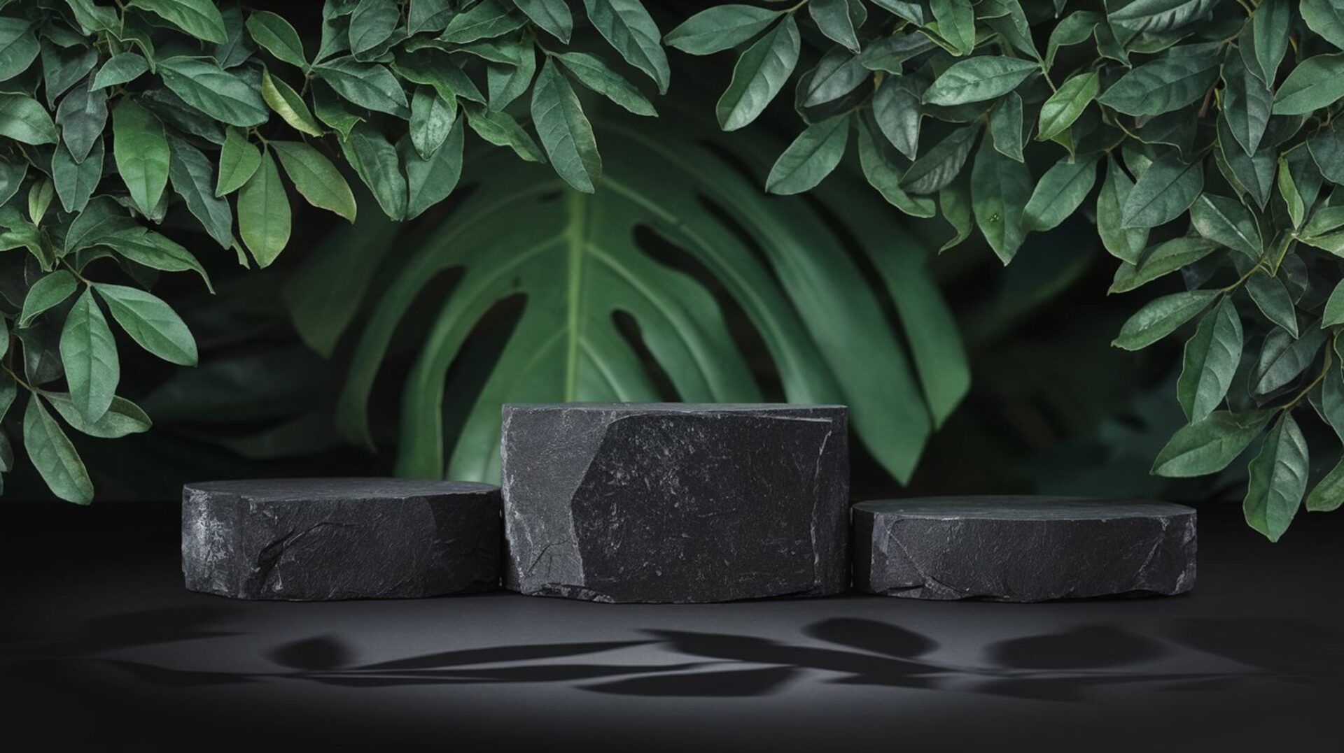 luxury-natural-stone-podium-with-leaves-rock-pedestal-for-product-display-stand-display-podium-green-forest-background-rock-stage-cosmetic-showcase-empty-podium-tropical-podium-display-mockup