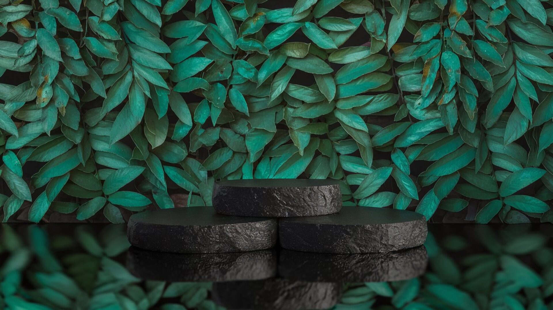 luxury-natural-stone-podium-with-leaves-rock-pedestal-for-product-display-stand-display-podium-green-forest-background-rock-stage-cosmetic-showcase-empty-podium-tropical-podium-display-mockup