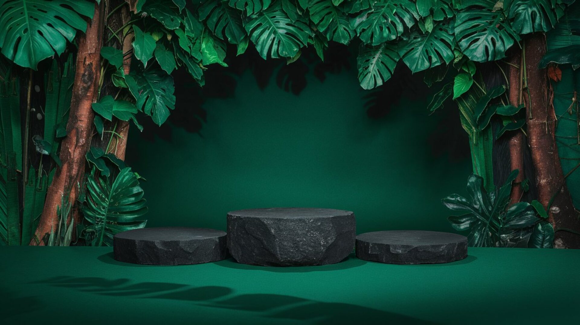luxury-natural-stone-podium-with-leaves-rock-pedestal-for-product-display-stand-display-podium-green-forest-background-rock-stage-cosmetic-showcase-empty-podium-tropical-podium-display-mockup
